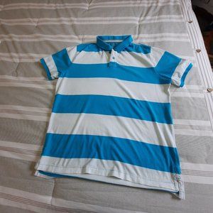 Roebuck & Co Mens Polo Shirt Size XL Blue White Stripe Short Sleeve Button Golf